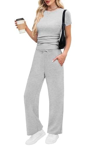 WIHOLL Lounge Sets for Women 2 Piece Vacation Outfits Short Sleeve Tops with Side Ruched Wide Leg Pants Matching Sets thumbnail 2