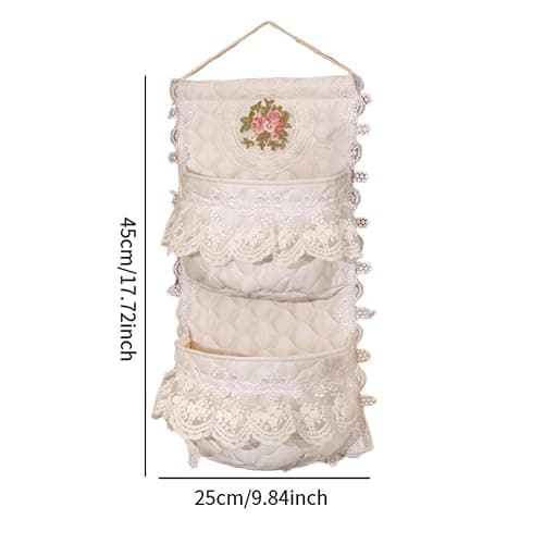 FewNvWa Wall Hanging Storage Bag Organizer Basket Pouch Holder with Quilted Cotton and Milk Lace Easy to Install and Space Saving Suitable for Bedroom Bathroo, 2 Pocket thumbnail 3