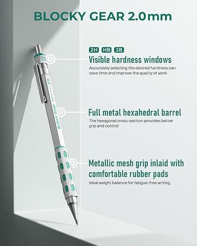 Nicpro Blocky Gear 2.0 mm Mechanical Pencils Set in Case, Metal Pencil with 6 Tubes 2mm Lead Refill (HB 2B 2H 4B 4H & Colors) Sharpeners, Eraser for Professional & Adult Art Writing Drafting Drawing thumbnail 2