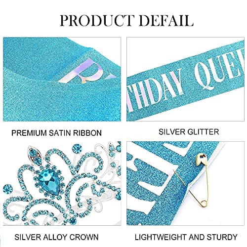 "Birthday Queen" Sash & Crystal Tiara Kit COCIDE Birthday Tiaras and Crowns for Women Sashes for Women Blue Decorations Set Rhinestone Headband Hair Accessories Glitter Sash for Party thumbnail 5