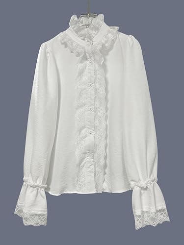Pinclodly Women's Vintage Ruffle Lace Trim Blouse Elegant Button Down Long Sleeve Collared Shirts Dressy Casual Work Tops thumbnail 5
