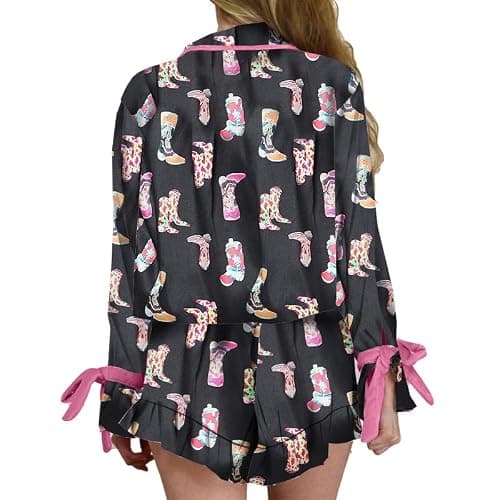 Yiulangde Valentines Heart Bow Pajamas for Women Silk Satin Ruffle Shorts Pjs Tie Front Long Sleeve Shirts Pajamas with Bows thumbnail 2