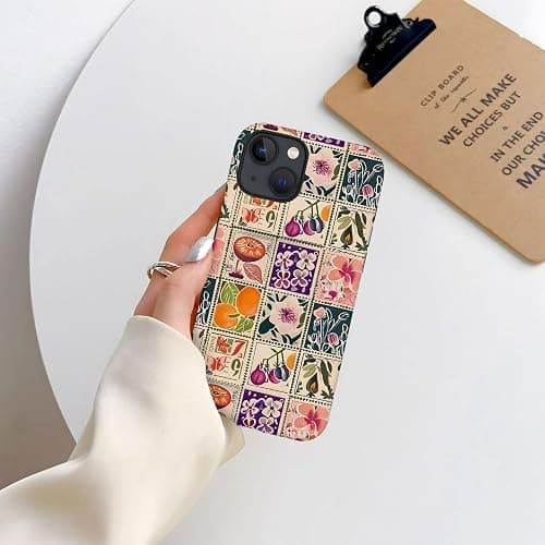TnXee Case Compatible with iPhone 15,Compatible with MagSafe,Fall Prevention Hybrid 2-Layer Hard Shell Cases for Girls Boys,Vintage Flower Orange Stamp Collage thumbnail 7