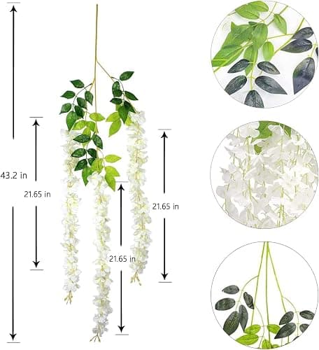 48Pcs Artificial Wisteria Flowers 3.6 Feet/Piece White Dense Artificial Fake Wisteria Vine Ratta Hanging Garland Silk Flowers String Home Party Wedding Decor(White-Dense) thumbnail 3