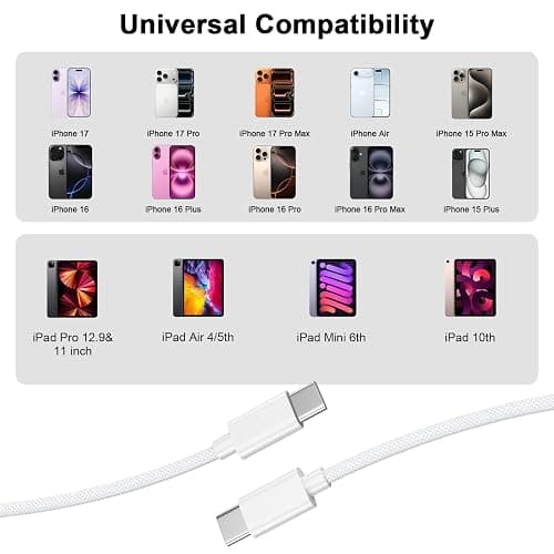 [MFi Certified] iPhone 17 16 15 Charger Cord 6FT, 2 Pack 60W USB C to USB C Charging Cable Cord Long for iPhone 17/17 Pro/17 Pro Max/Air/16/16 Pro/16 Pro Max/15/15 Pro Max, iPad Pro/Air/Mini, White thumbnail 5