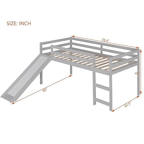 Harper & Bright Designs Twin Size Loft Bed Frame with Slide for Kids, Solid Wood Low Loft Bed with Guardrail and Ladders, Multifunctional Design, Gray thumbnail 2