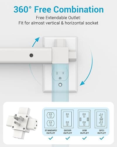 Outlet Extender Stick, 360° Rotatable Modular Plug Expander with 2 AC Outlets, USB-A & USB-C Ports, Free Combination 9” to 36”, Wall Socket Extender for Nightstand, Sofa, Bed, Cabinet, Home & Dorm thumbnail 5