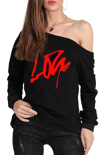 MAGICMK Woman’s Sweatershirt Lips Print Causal Blouse Off The Shoulder Long Sleeve Loose Slouchy Pullover Plus Size Tops - Black+blips - 5X-Large thumbnail 3