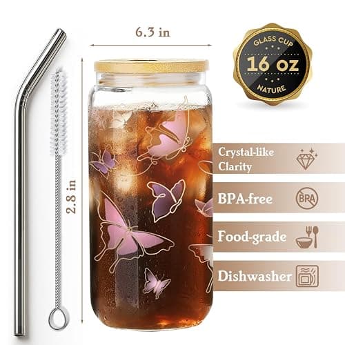 Niyorayna Pink Butterfly Gifts for Women,Sister,Daughter,Mom,Her,Friends,Aesthetic Idea Christmas Birthday Thanksgiving Gifts,Butterfly Tumbler Coffee Can Glasses with Lids and Straws 16oz 41 thumbnail 3