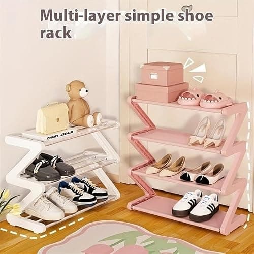 4 Layer Z Shaped Shoe Rack, Easy To Assemble Shoes Storage Rack, Stackable Home Organizer for Living Room, Dormitory, School (pink) thumbnail 3