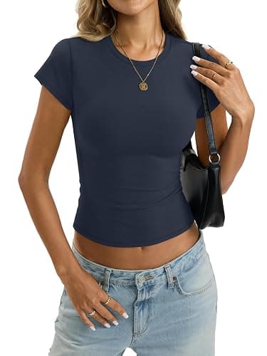 EasyGala Womens Cotton Crop Baby Tee Basic Crew Neck T Shirts Fitted Going Out Tops Summer Cute Gym Workout Clothes 2026 thumbnail 4