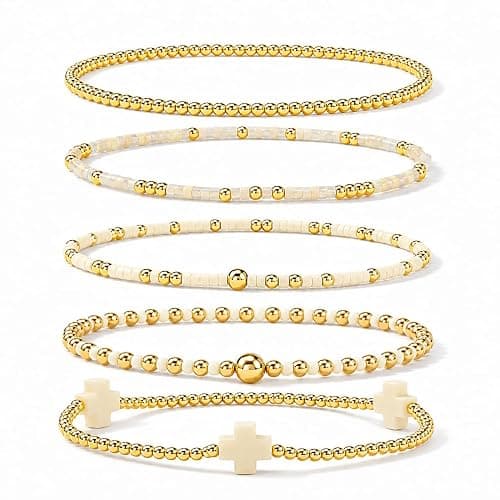 EQUBIO Gold Bracelets for Women, Beaded Cross Stack, Non Tarnish Set，Set-1 | Gold Beaded Bracelet Stack with Stretch Fit, Waterproof Finish and Dainty Design for Everyday Wear and Gifts - Image 1
