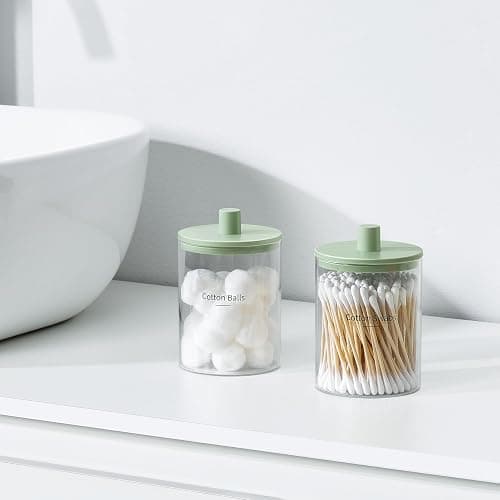 TIPGO Glass Qtip Holder Dispenser for Bathroom - 10 oz Clear Canister Apothecary Jar for Cotton Swabs, Balls, Pads, Floss Picks, Small Containers for Makeup Storage Organizer (2 Pack, Green) thumbnail 2