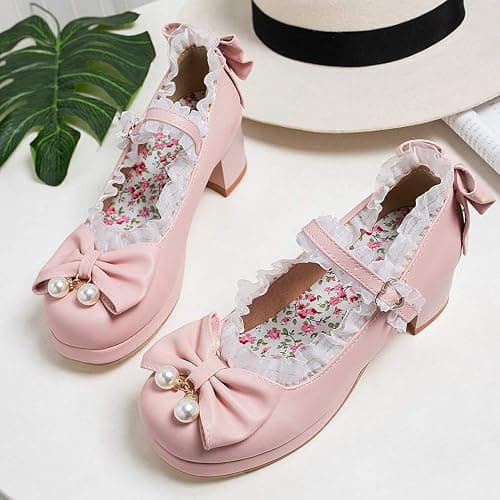 LUXMAX Women Kawaii Mid Block Heel Mary Jane Rockabilly Pumps with Bow Platform Chunky Heel Cute Sweet Shoes - 5 - Pink1 thumbnail 4
