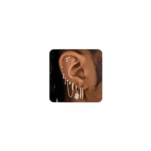 Gold Earrings Set for Women, 14K Gold Plated Stud and Cartilage Earring Sets for Multiple Piercing, Hypoallergenic Stackable Small Gold Huggie Hoop Earrings for Women Jewelry - Image 1