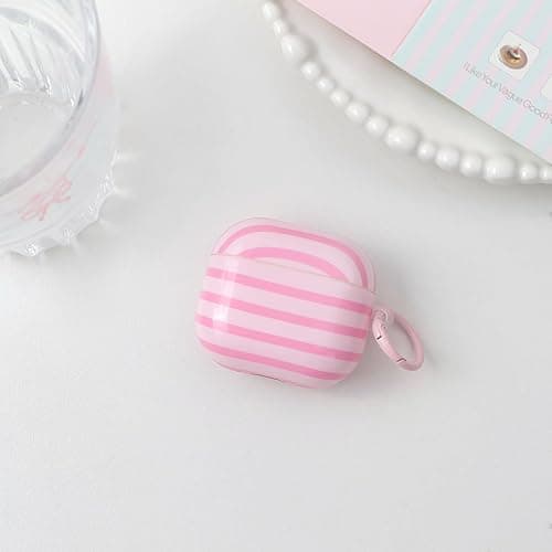 Fycyko Compatible for AirPods 4 Case Soft TPU with Cleaner Kit Cute Horizontal Stripes Aesthetic Printed Design Shockproof Keychain Cover for Girls Woman-Pink thumbnail 3