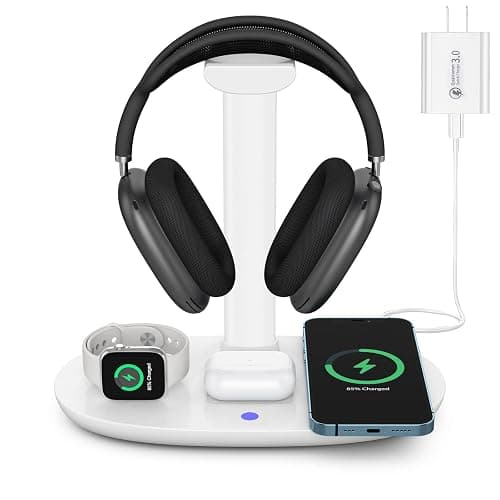 Headphone Stand with 15w Wireless Charger, Suguder 4 in 1 Charging Station Headset Holder for AirPods Max/Pro/4/3/2 iWatch 10/9/8/7/6/5/4/3/2/1/SE iPhone 17/16/15/14/13/12/11/X for Desktop Table Game - Image 1