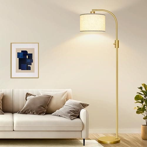 Nintiue Upgraded Modern Arc Dimmable Tall Standing Floor Lamp with Linen Shade, 1200 Lumens LED Bulb Included, for Living & Reading Room, Bedroom, Office & Nursery, Gold thumbnail 7