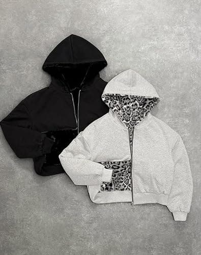 GOTHPICKUS Y2K Womens Faux Fur Leopard Print Hoodies Zip Up Fleece Warm Jacket Fluffy Baggy Vintage Trendy Streetwear thumbnail 5