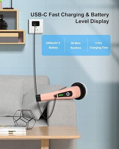 Leebein Electric Spin Scrubber, Cordless Powerful Scrub Brush for Cleaning Bathroom, Kitchen, Shower Tub and Floor Tile with Adjustable Extension Long Handle and 8 Replaceable Brush Heads(Rose) thumbnail 4