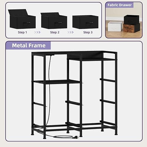 Somdot Black Nightstand with Charging Station and LED Light, Wide 5 Drawers Dresser for Bedroom with Fabric Bins and Open Shelf for Bedroom Kids Closet Dorm Guest Room, Black thumbnail 7