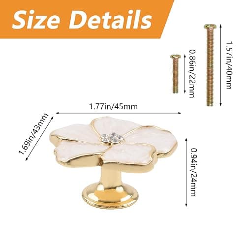 Morobor Lot de 4 boutons de tiroir créatifs en forme de pétale dorés en émail de soie, alliage de zinc, avec trou unique pour meubles thumbnail 3