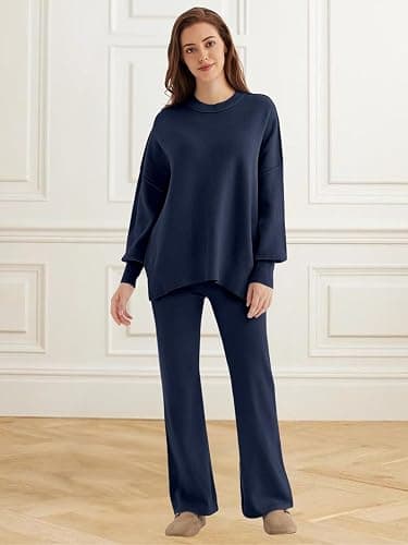 LILLUSORY Women 2 Piece Outfits Sweatsuit Oversized Knit Pullover Sweater Tops Wide Leg Pants Lounge Set thumbnail 6