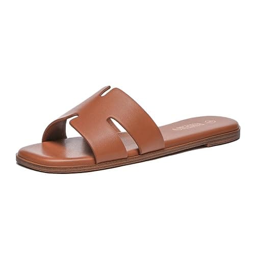 Rihero Women's Dressy Flat Sandals Comfortable Slip On Leather Slide Sandals - Image 1