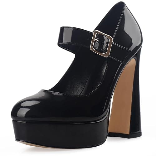 Oh Mispares Women's Chunky Heel Mary Jane Pumps Closed Toe Thick Sole Platform Adjustable Ankle Strap Block High Heeled Pumps Patent Dress Casual Wedding Heels 5 Inch - Image 1