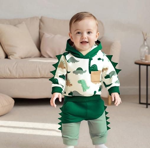 LIOMENGZI Infant Baby Boy Hooded Dinosaur Fall Outfit Contrast Sweatshirt Pant Set Toddler Dinosaur Clothes 6 12 18 Months 2T thumbnail 4