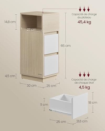 VASAGLE Kailyn Collection - Table de Chevet Étroite, Table d’Appoint, 2 Tiroirs et Compartiment Ouvert, Montage à Gauche ou à Droite, Chambre, Salon, Beige Naturel et Blanc Nuage LET656N01 - 1 - Beige Naturel + Blanc Nuage thumbnail 3