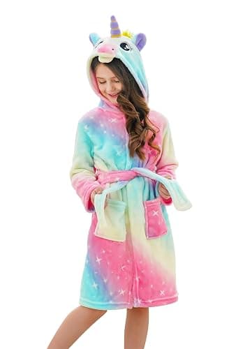 Doctor Unicorn Girls Fleece Hooded Robe Toddler Warm Fuzzy Bathrobe - Image 1