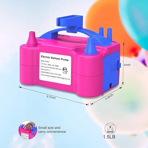 IDAODAN Electric Balloon Pump, Portable Electric Balloon Blower Machine Balloon Air Pump Dual Nozzle Rose Red 110V 600W Balloon Inflator for Party Decorations - Rose Red thumbnail 5