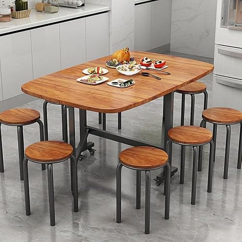 Rukulin Multifunction Table Drop Leaf Dining Table - 47" Wooden Foldable Kitchen Table with 6 Wheels (Brown) thumbnail 2