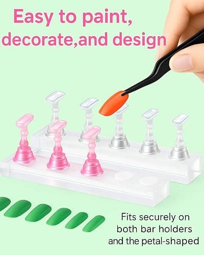 Nail Stand for Press On Nails – 2 Set Acrylic Nail Holders for Nail Art Practice, 10 Nail Stands, 60Pcs Reusable Putty, Flower Shaped Base & Tweezers, Nail Art Tool Kit for Salon & Home thumbnail 3