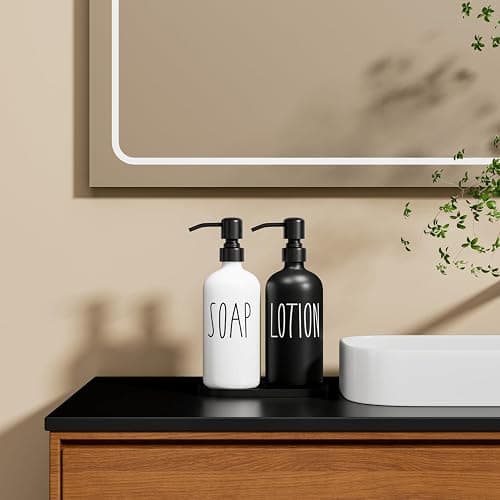MOMEEMO Glass Soap Dispenser with Stainless Steel Pump, Contains Lotion Dispenser, Hand Soap Dispenser & Tray. (Black & White) thumbnail 5