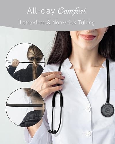 FriCARE Dual Head Stethoscope - Stethoscopes for Nurses, Medical Nursing Students, Paramedics/EMT/LVN/VNA Backup Estetoscopio, Matte Black Tube & Chestpiece Finish thumbnail 5
