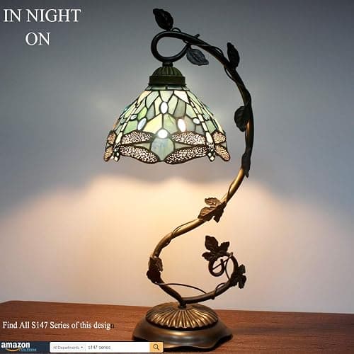 WERFACTORY Tiffany Lamp Sea Blue Stained Glass Dragonfly Style Desk Reading Light, Metal Leaf Table Lamp Base 8X10X21 Inches Decor Small Space Bedside Bedroom Home Office S147 Series thumbnail 4