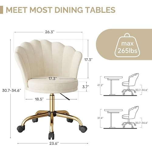 Aivermeil Modern Velvet Vanity Chair with Gold Base, Swivel Office Chair with Lumbar Pillow, Adjustable Rolling Task Chair for Condo, Bedroom & Vanity，Beige thumbnail 2