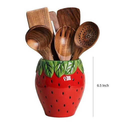 Bicuzat Strawberry Shaped Ceramic Kitchen Utensil Holder, Large Cooking Utensil Crocks for Kitchen Countertop, Ceramic Utensil Organizer for Spatula, Kitchen, Home Decoration-Retro Red thumbnail 3