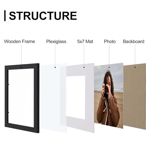 Vittanly 8x10 Picture Frames Set of 9, Shatter Resistant Plexiglass, Display 5x7 Pictures with Mat or 8x10 without Mat, Photo Frames for Wall or Tabletop, Engineered Wood, Black thumbnail 4