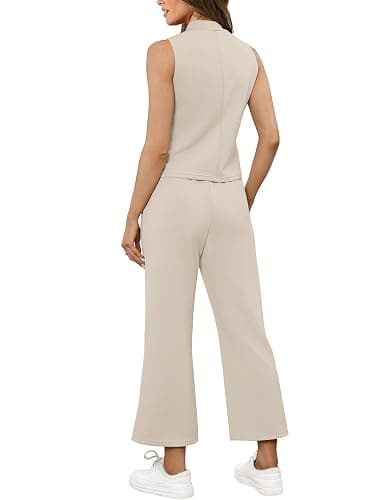 SAMPEEL Two Piece Sets for Women Summer Outfits Lounge Sets Mock Neck Tops Wide Leg Crop Pants Vacation Travel Outfits thumbnail 5