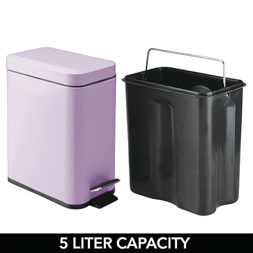 mDesign Small Modern 1.3 Gallon Rectangle Metal Lidded Step Trash Can, Compact Garbage Bin with Removable Liner Bucket and Handle for Bathroom, Kitchen, Craft Room, Office, Garage - Wisteria Purple thumbnail 4