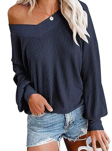 Tobrief Women's V Neck Long Sleeve Waffle Knit Tops Off Shoulder Oversized Pullover Sweater thumbnail 4