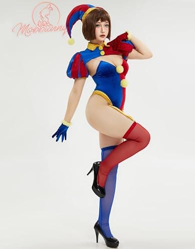 Mobbunny Women's Clown Cosplay Costume Circus Clown Bodysuit Blue Red Bodysuit and Mini Skirt with Gloves and Hat thumbnail 3