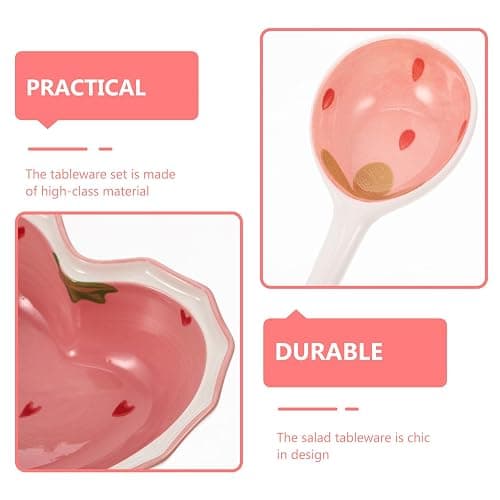 Ceramic Bowl Plate with Spoon Heart Shaped Strawberry Bowl Salad Dessert Snack Appetizer Plates for Soup Cereal Nuts Oatmeal Fruit Prep Sushi Plate Set thumbnail 5