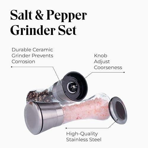 Willow & Everett Salt and Pepper Grinders - Set of Premium Stainless Steel Mills w/Stand – Tall Shakers w/Adjustable Coarseness - Salt & Pepper Mills w/Lids thumbnail 2