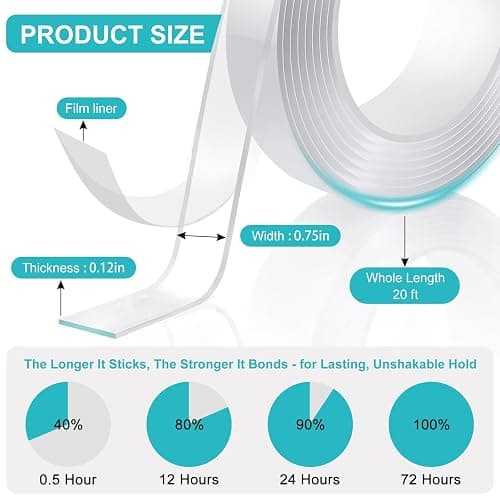 P7yaumy Double Sided Tape Heavy Duty 0.75in×20ft, Nano Tape Double Sided, Removable Traceless Two Sided Adhesive Tape, Clear Mounting Tape Double Sided Tape for Walls, Hanging Picture,Poster,Carpet thumbnail 2