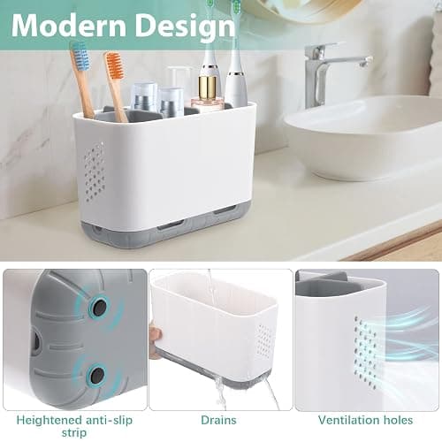 Boperzi Toothbrush and Toothpaste Holder Drainage for Bathroom Countertop with Adjustable Dividers, Large Toothpaste Caddy Organizer Storage Rustic Decor Set Anti-Slip for Shower,Family,Kids Gray thumbnail 4