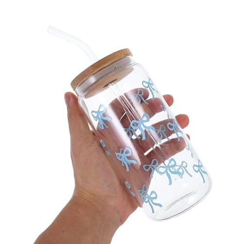 VALICLUD Cute Glass Tumbler with Straw and Lid, Large Capacity High-temperature Resistant Juice and Coffee Cup, Blue Bowknot Design with Wooden Lid for Iced Drinks and Water thumbnail 5